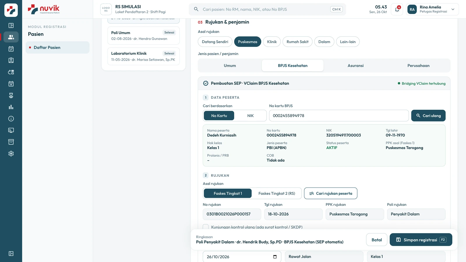 Patient Registration Nuvik dengan data simulasi